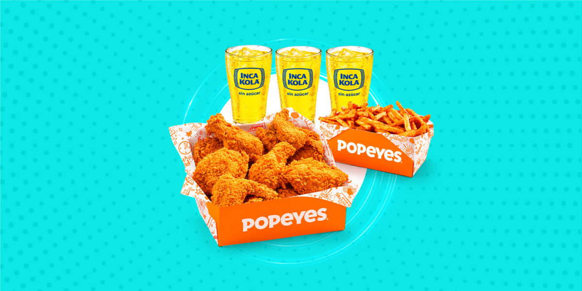Popeyes - 6 piezas + papa cajún familiar + 3 gaseosas Jr. S/ 29.90